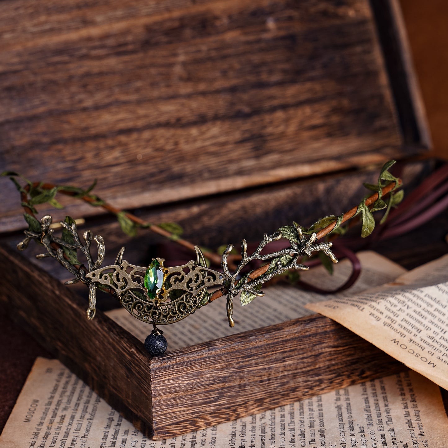Bronze Green Woodland Crown: Elven Bat Wings Headband