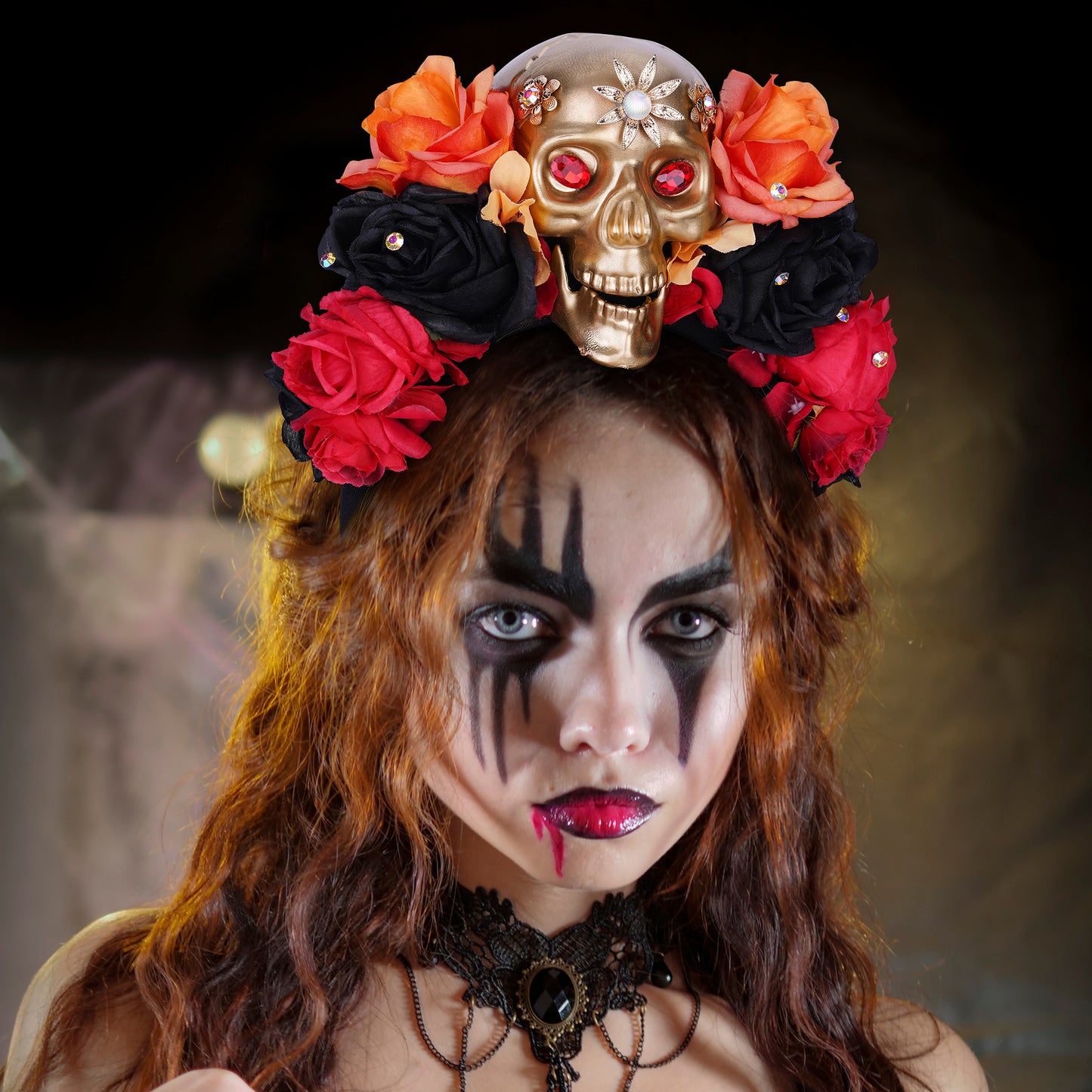 Black Mexican Flower Crown: Witch Gold Skull Headband