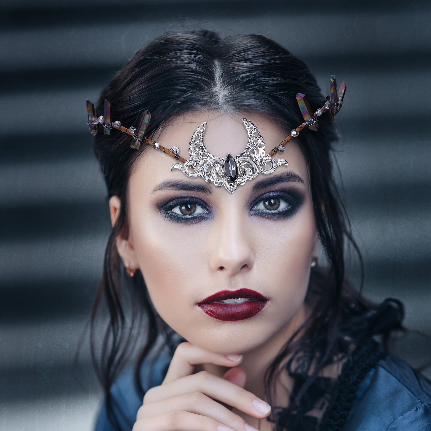 Silver Moon Tiara Headband: Black Crystal Crown