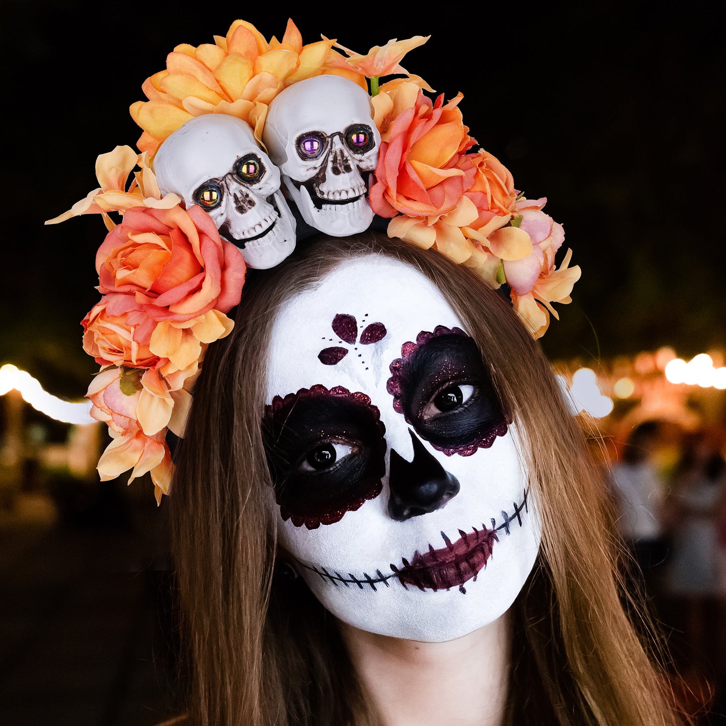 Orange Mexican Flower Headband: Skull Floral Hairband