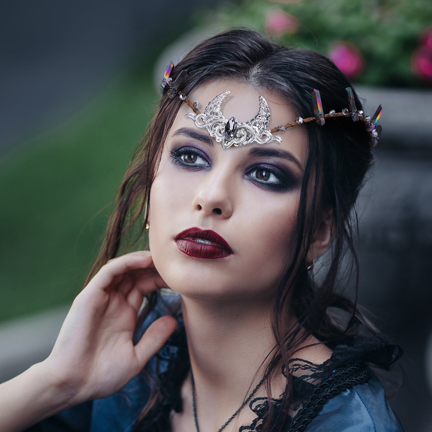 Silver Moon Tiara Headband: Black Crystal Crown