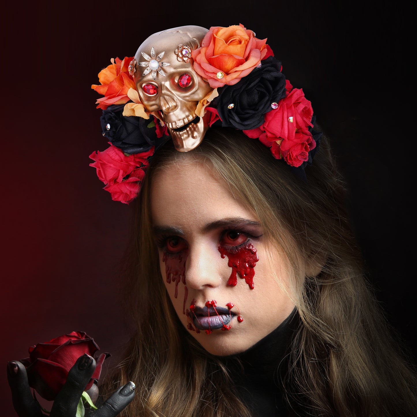 Black Mexican Flower Crown: Witch Gold Skull Headband