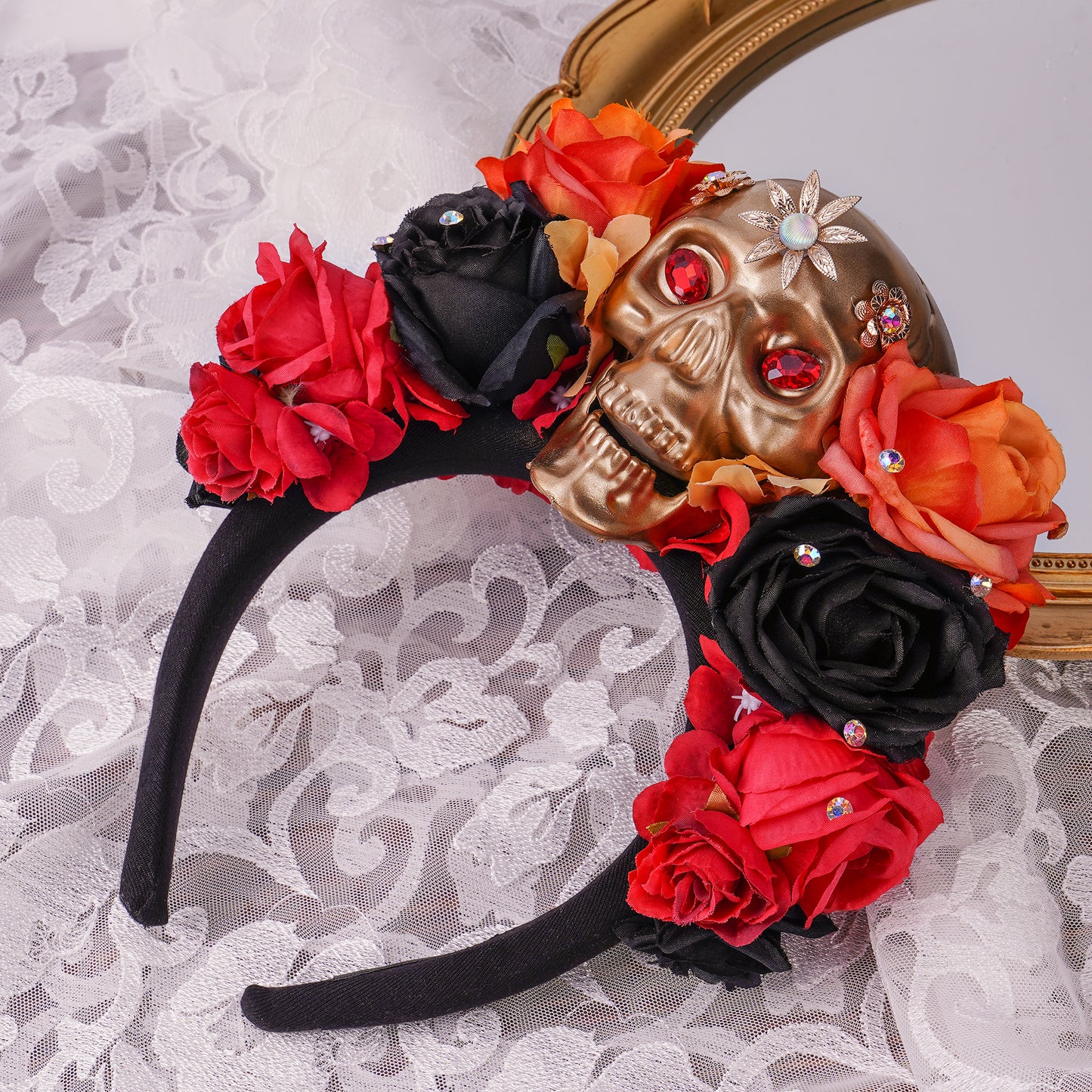 Black Mexican Flower Crown: Witch Gold Skull Headband
