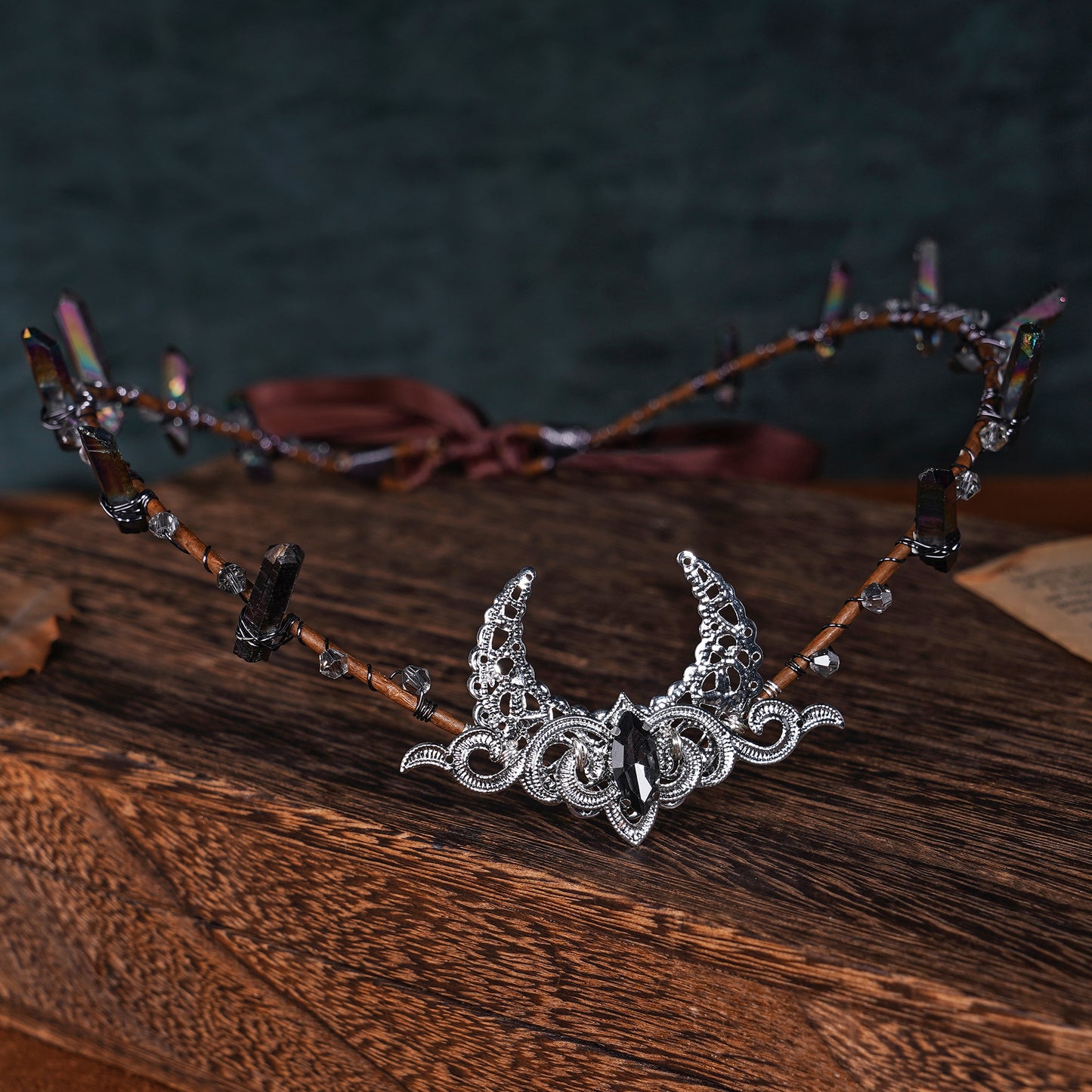 Silver Moon Tiara Headband: Black Crystal Crown