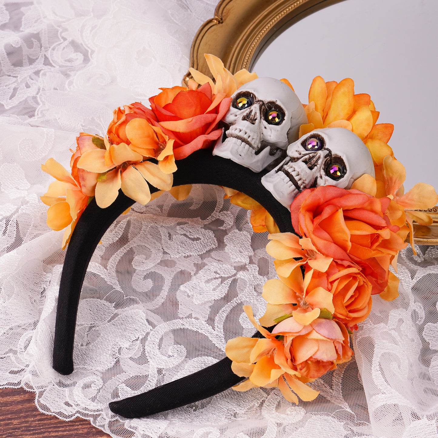 Orange Mexican Flower Headband: Skull Floral Hairband