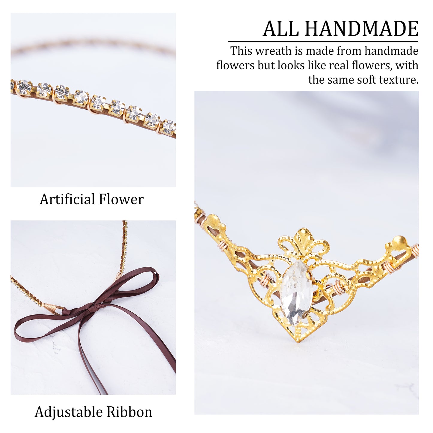 Handmade Gold Crystal Tiara: Princess White Rhinestone Fairy Crown Headband