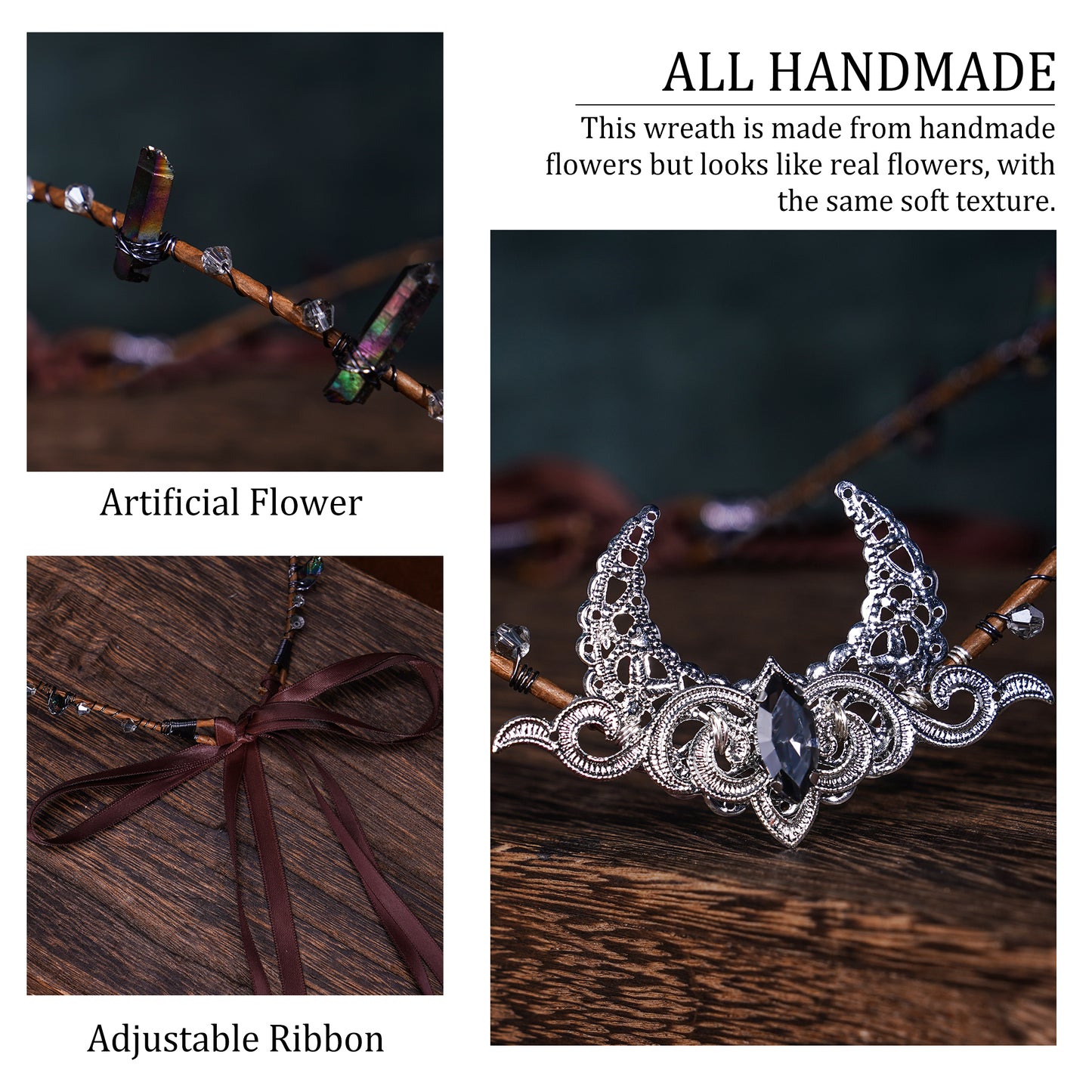 Silver Moon Tiara Headband: Black Crystal Crown