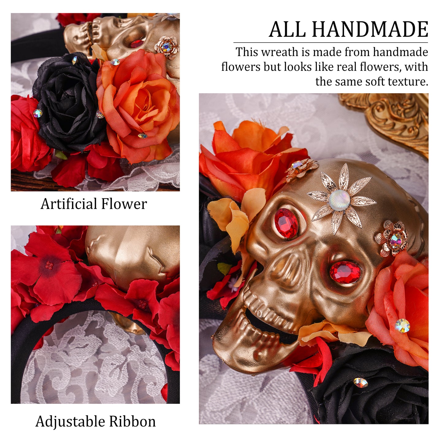 Black Mexican Flower Crown: Witch Gold Skull Headband