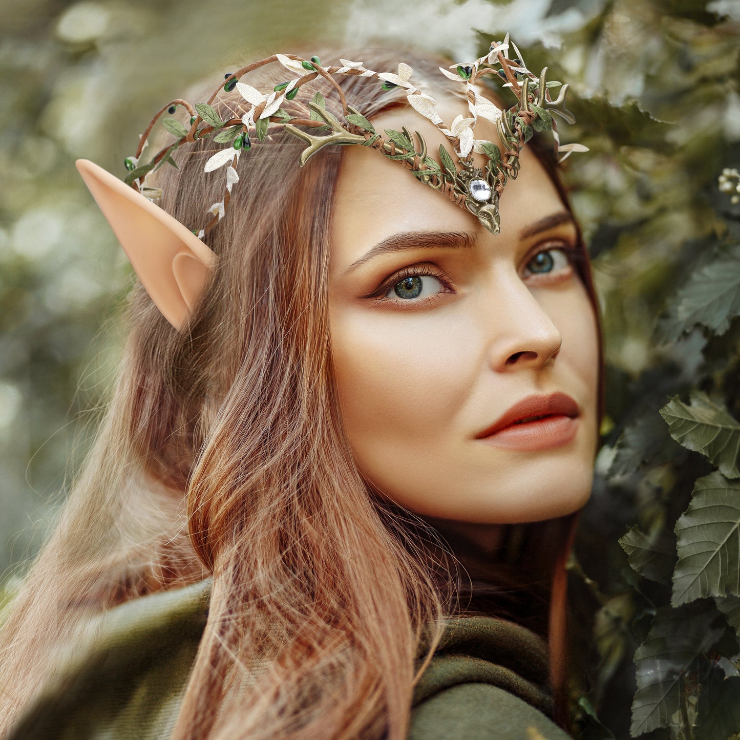 Pixie Ears and Green Leaves Circlet: Woodland Fairy Headpiece