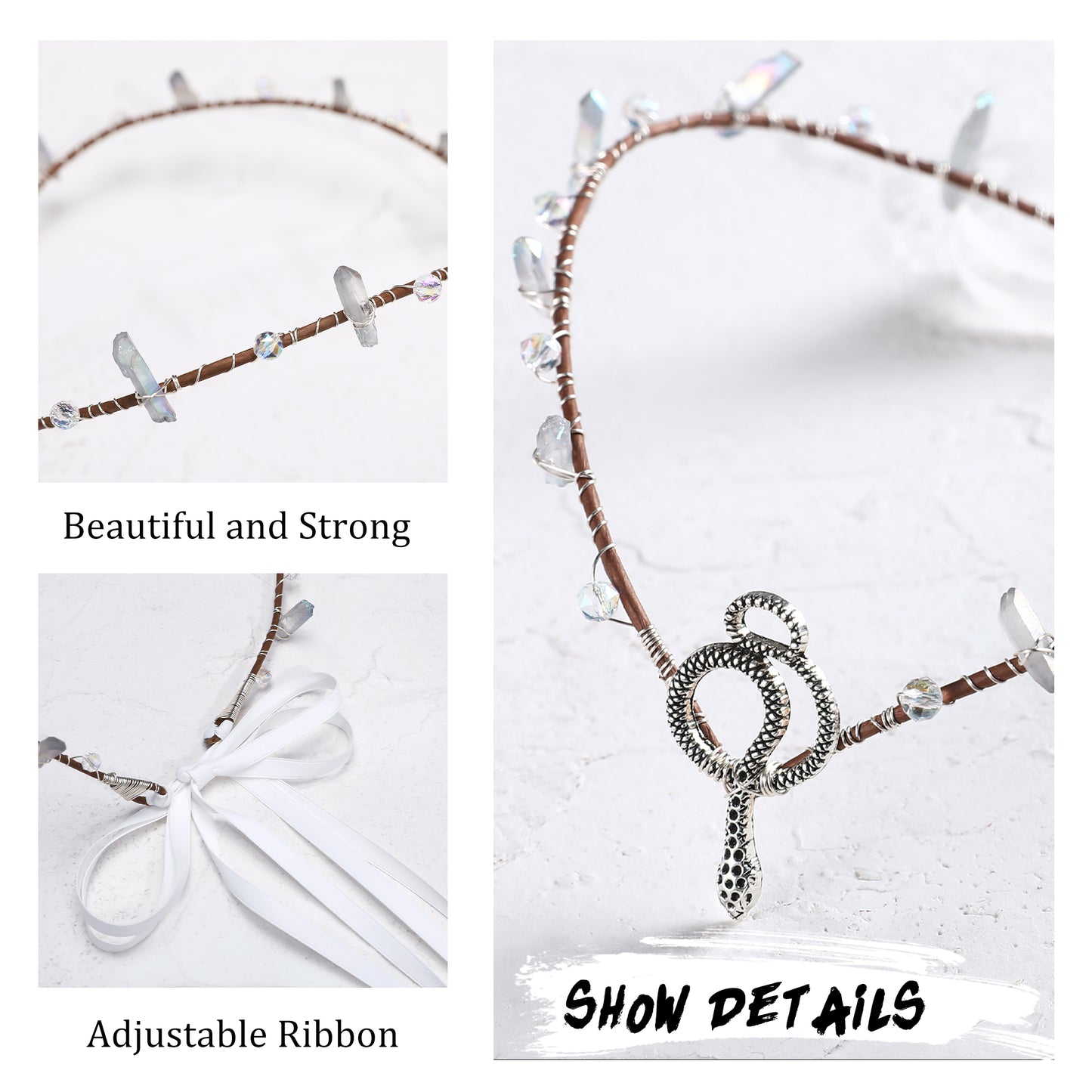 Snake White Crystal Crown - Handmade Raw Quaz Celtic Headpiece