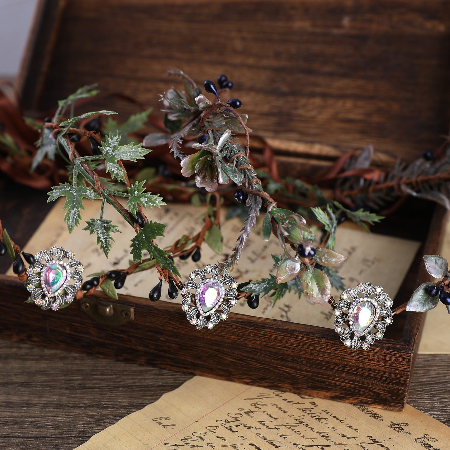 Woodland Elf Crystal Headpiece: Cypress Leaves Crown, Dark Vine Branches