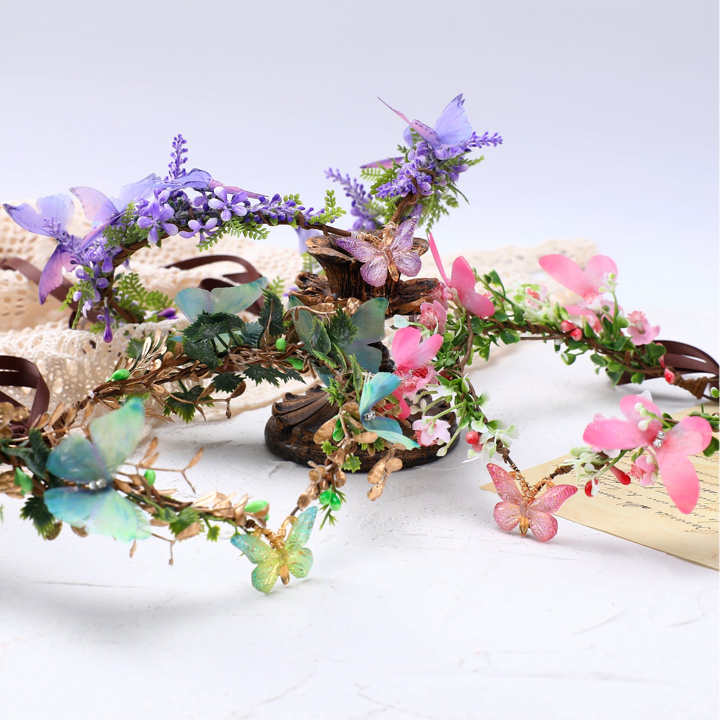 Handmade Fairy Flower Crown - Yellow Elf Headpiece with Butterfly Woodland Floral Tiara