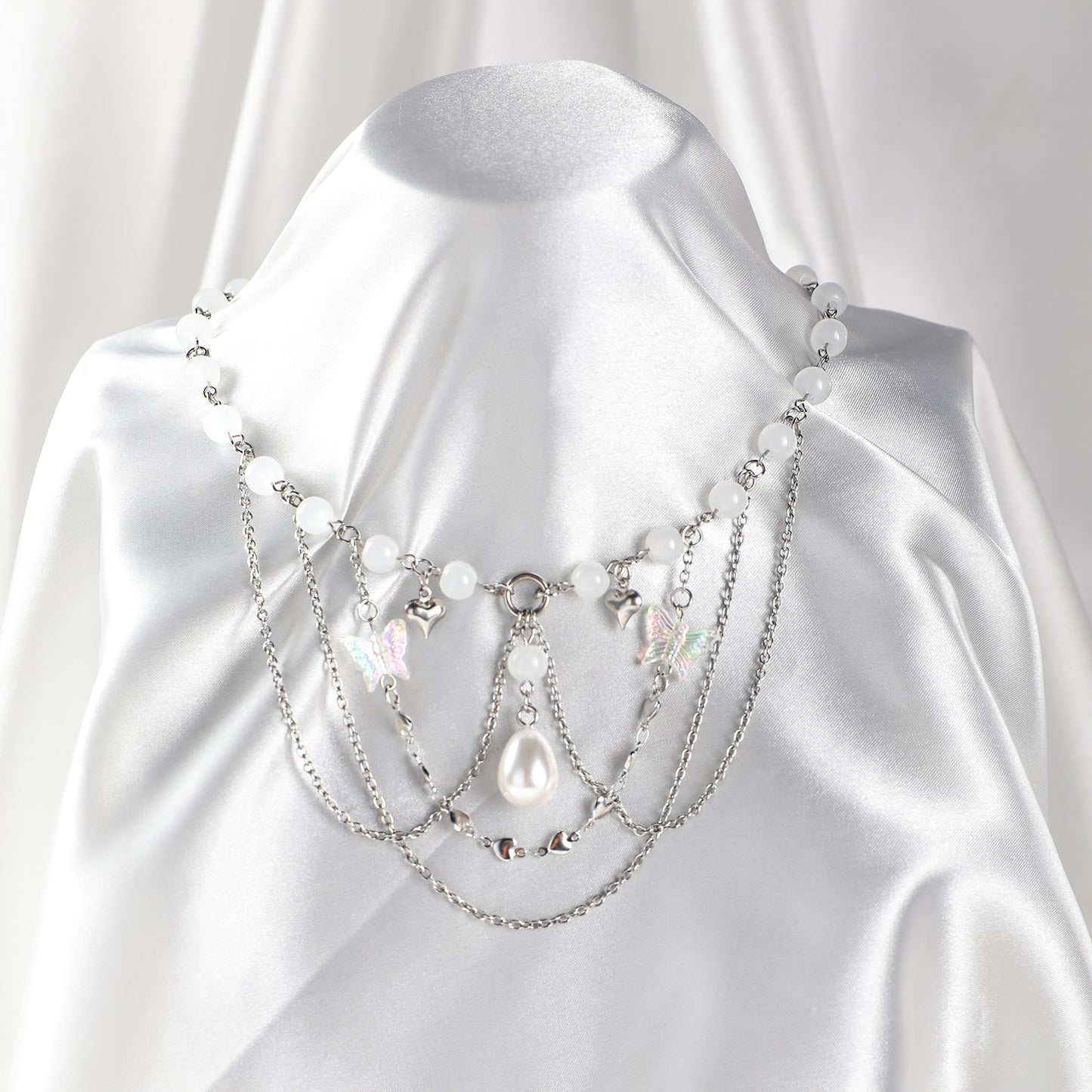 MOSTORY White Beaded Crystal Neckalce for Women Layered Charm Choker