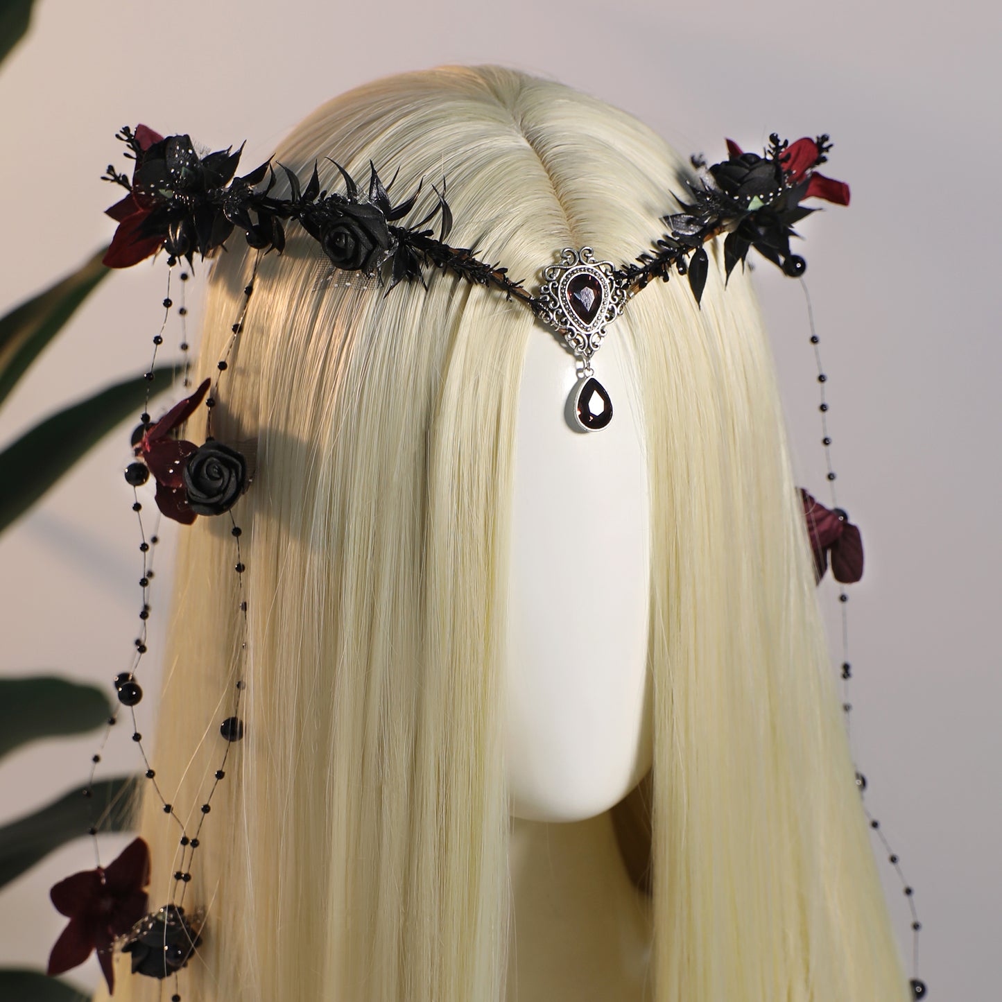 MOSTORY Black Fairy Flower Headpiece - Gothic Floral Headband Dark Elf Crown