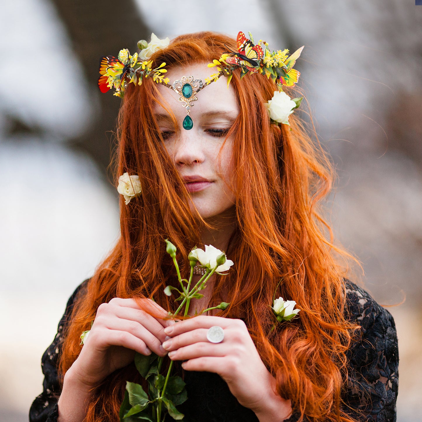 Elf Headpiece with Butterflies Fairy Green Rhinestone Crown