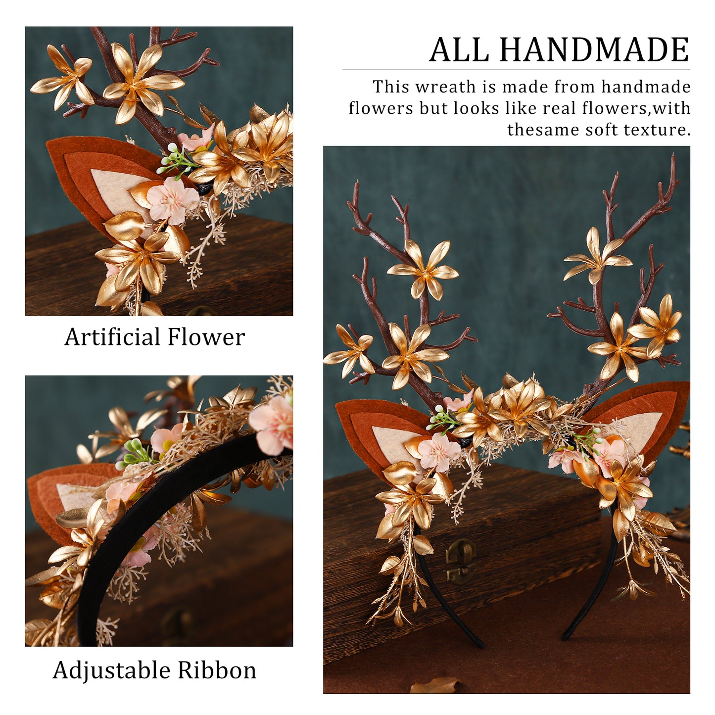 Handmade Branch Antler Headband - Woodland Flower Hairband with Reindeer Ears Fairy Forest Headpiece
