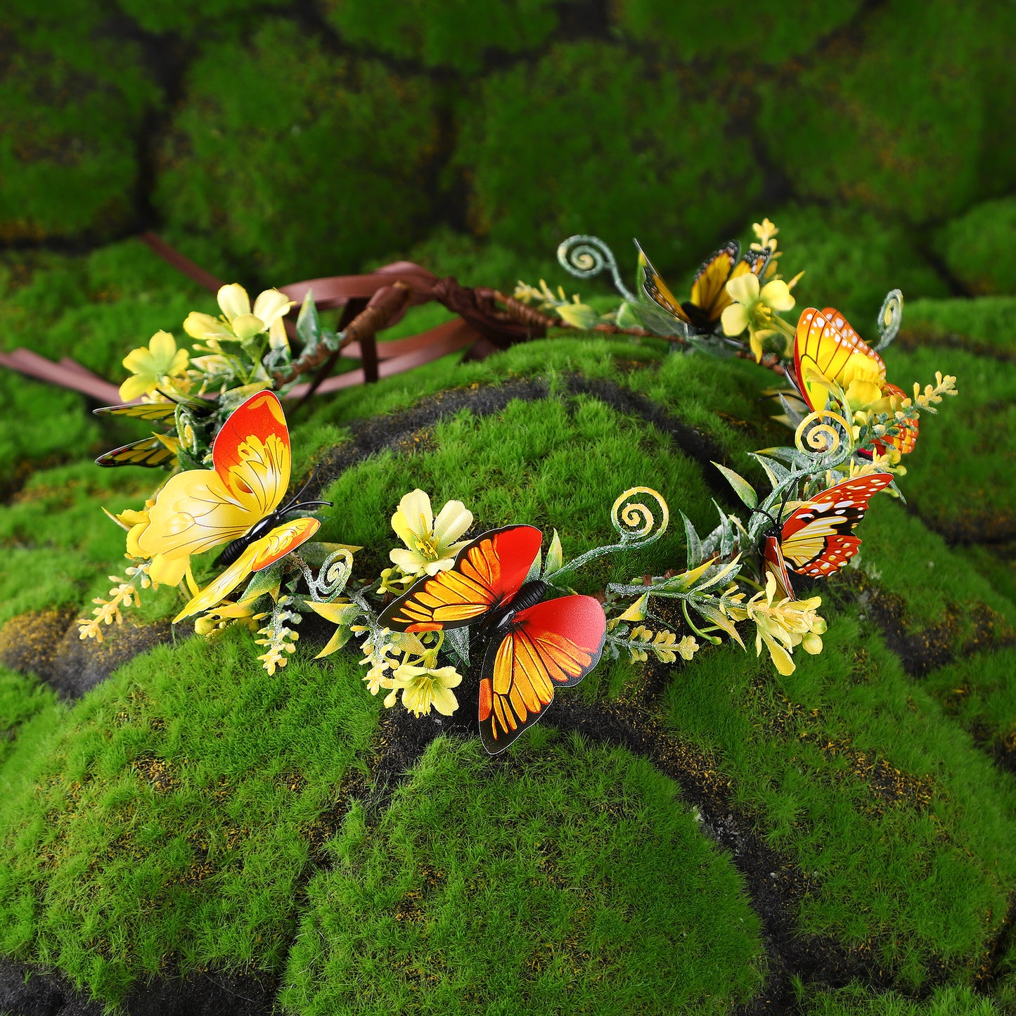 Handmade Yellow Flower Butterfly Headband - Fairy Crown Woodland Wreath Elf
