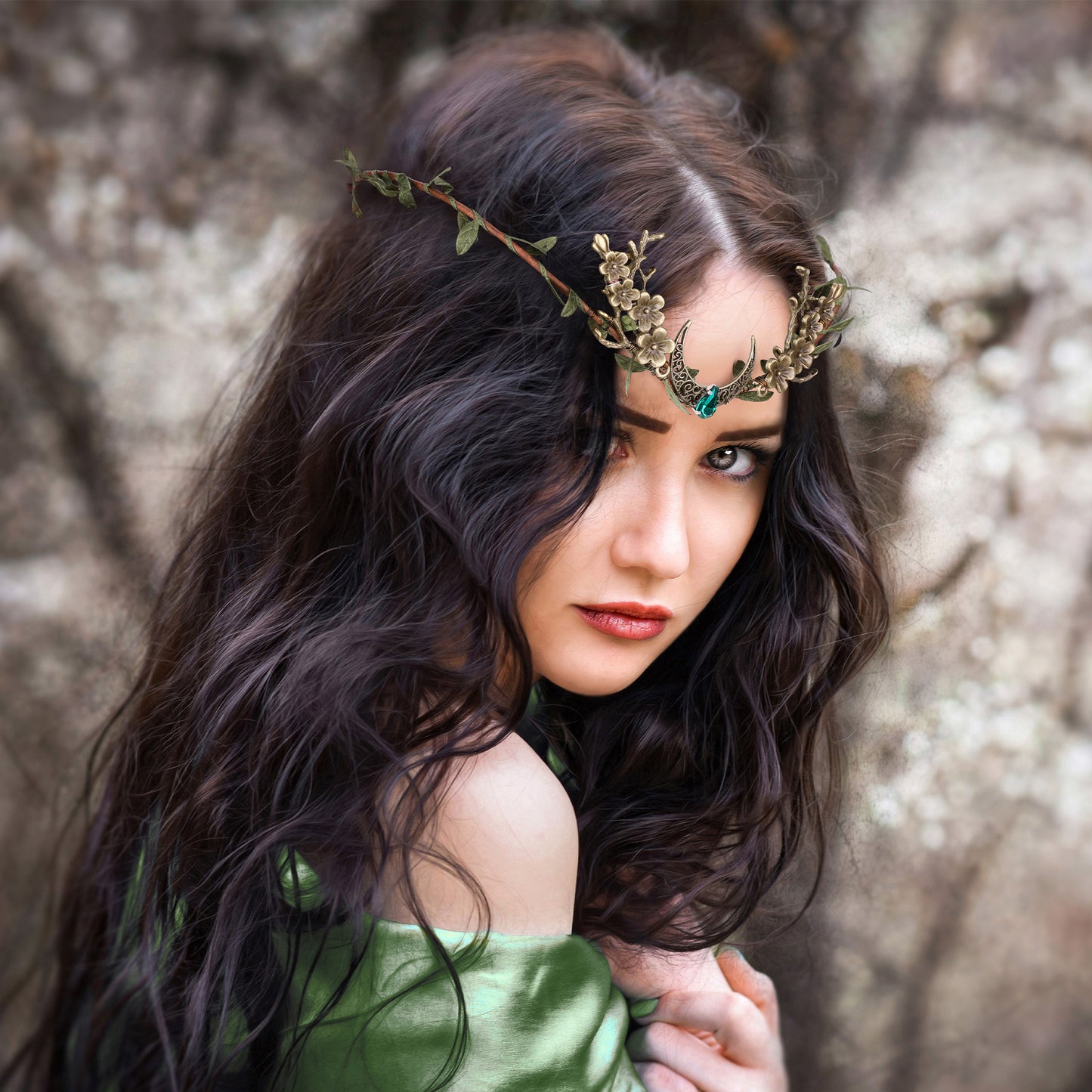 Woodland Elf Crown Headpiece: Moon Circlet Tiara, Peach Flower Fairy