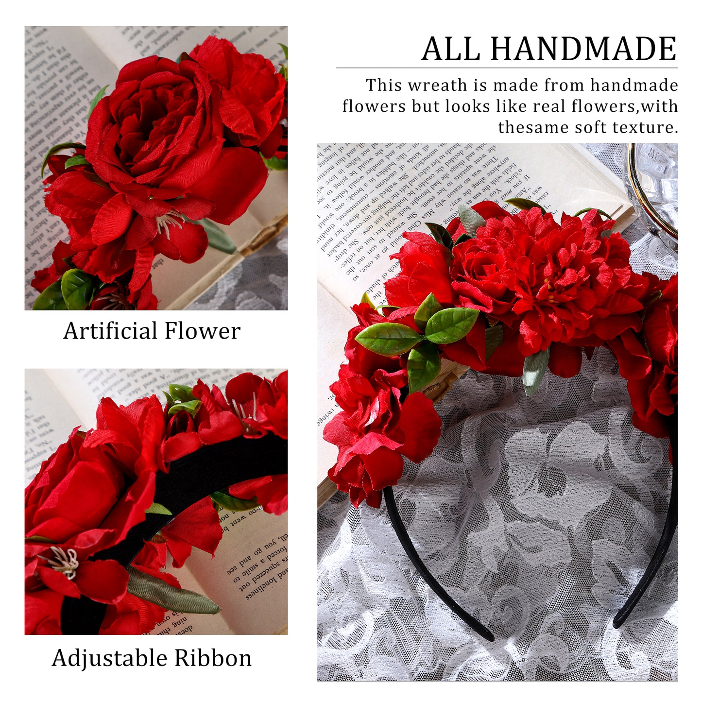 Mexican Flower Crown Headband Red - Handmade Floaral Headpiece