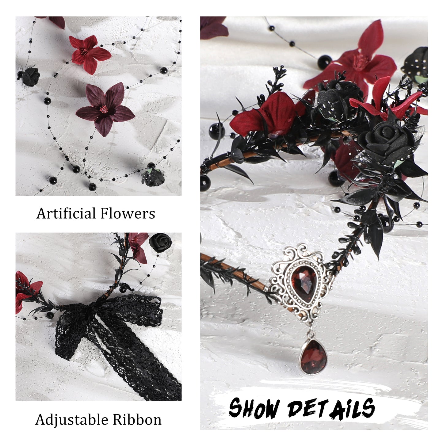 MOSTORY Black Fairy Flower Headpiece - Gothic Floral Headband Dark Elf Crown