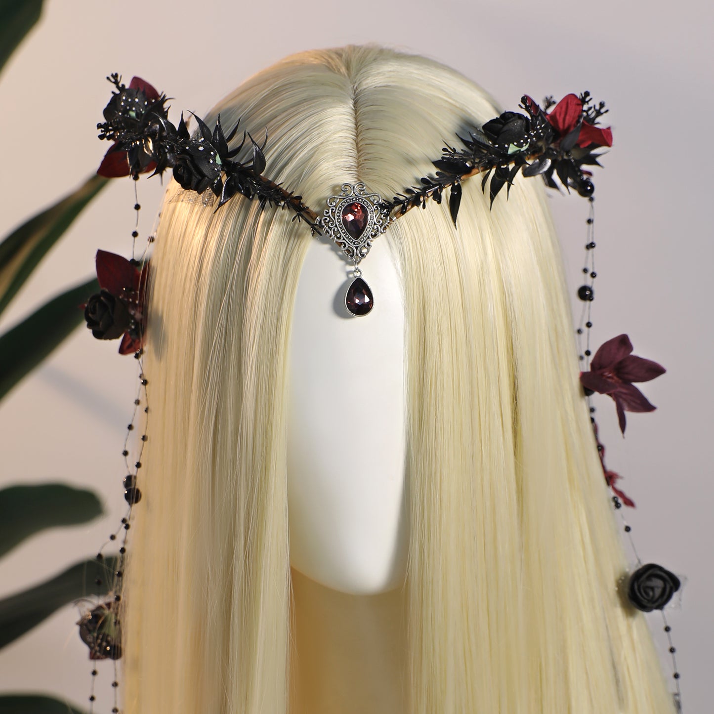 MOSTORY Black Fairy Flower Headpiece - Gothic Floral Headband Dark Elf Crown