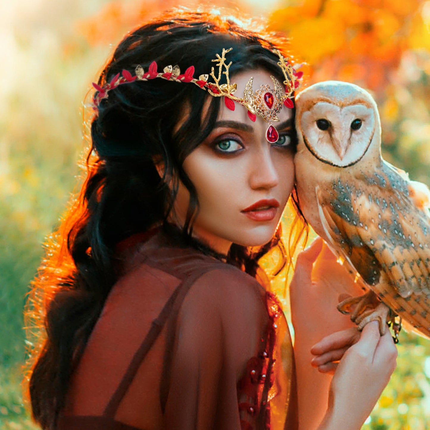 Fairy Golden Moon Crown: Red Crystal Headband