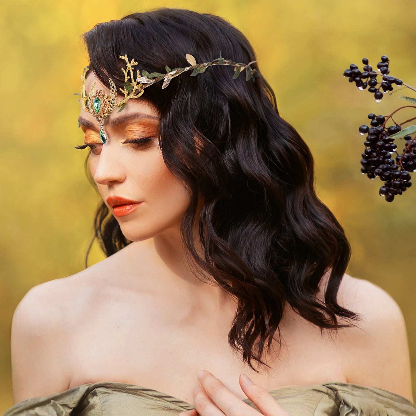Emerald Crystal Elven Circlet: Golden Fairy Moon Crown