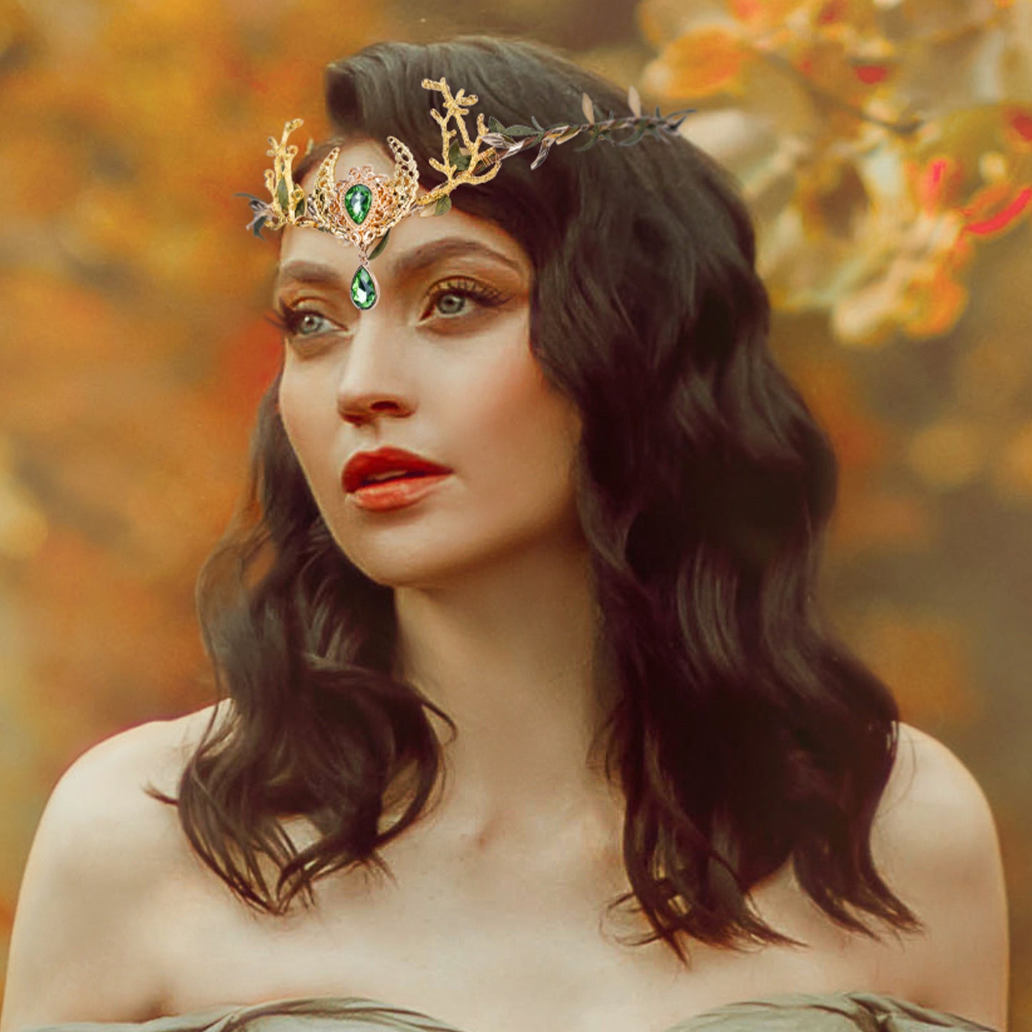 Emerald Crystal Elven Circlet: Golden Fairy Moon Crown