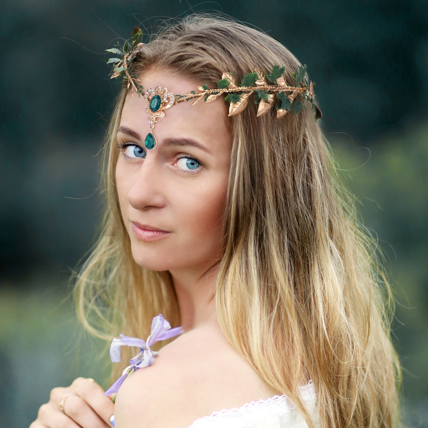 Gold Elf Leaves Circlet for Women Green Crystal