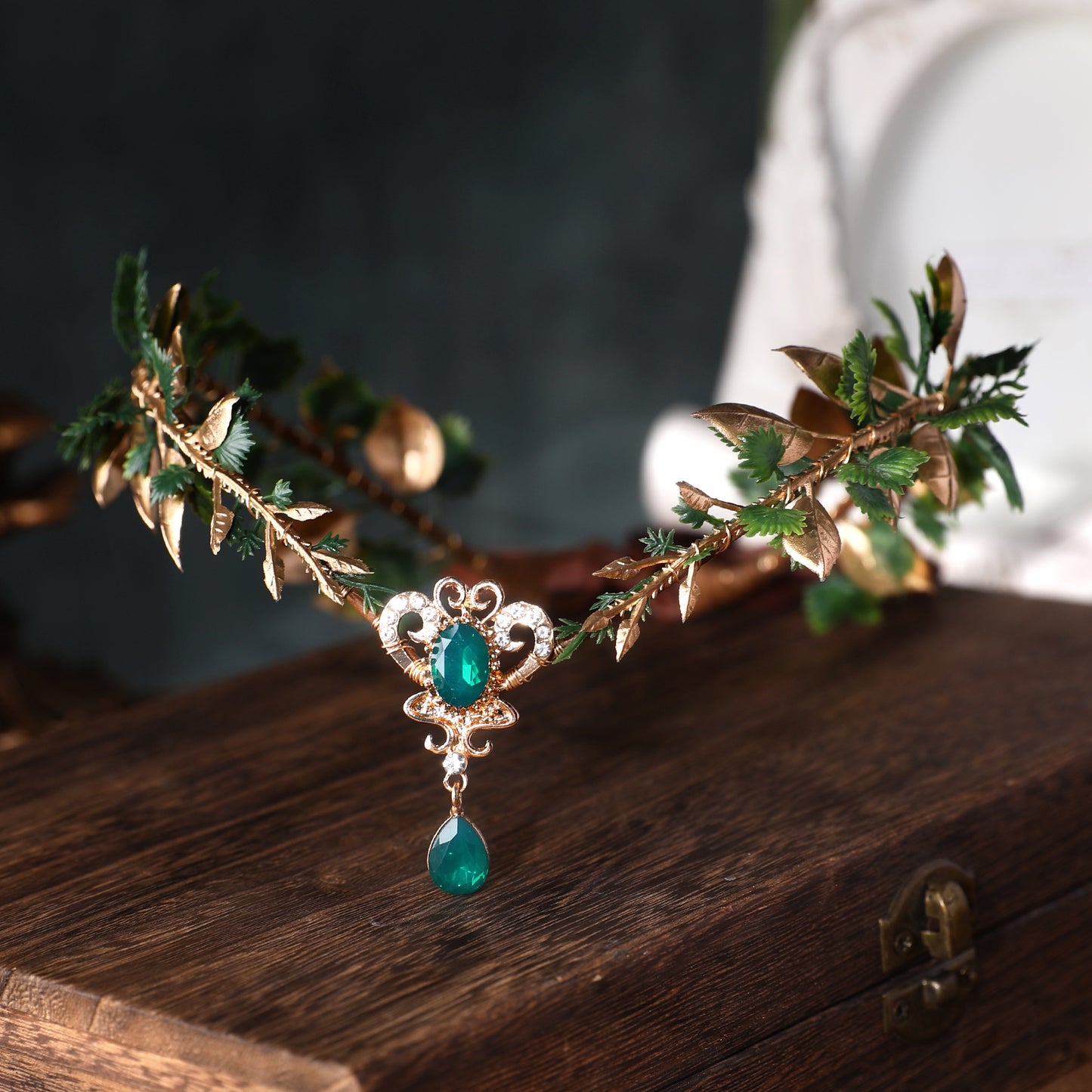 Gold Elf Leaves Circlet for Women Green Crystal