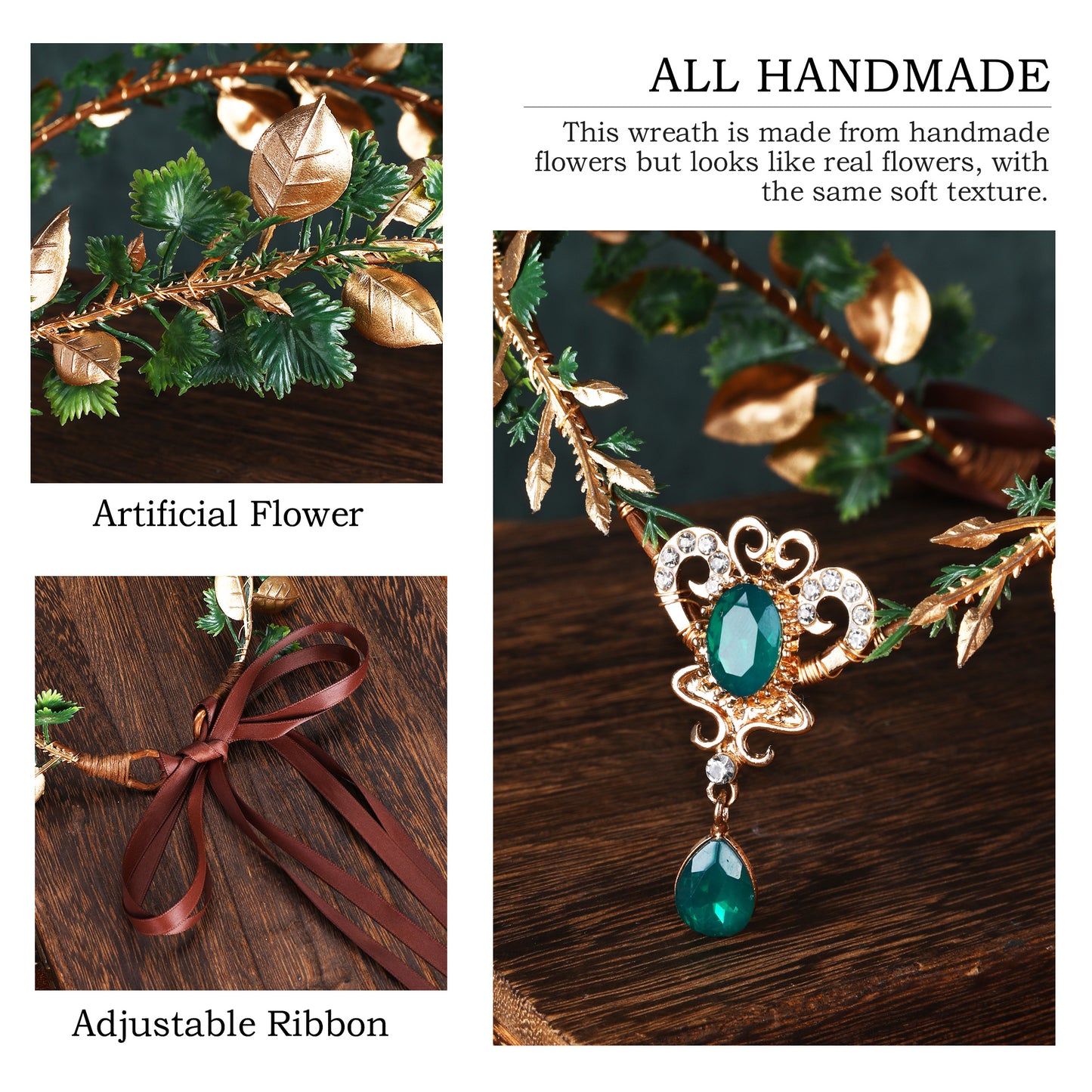 Gold Elf Leaves Circlet for Women Green Crystal