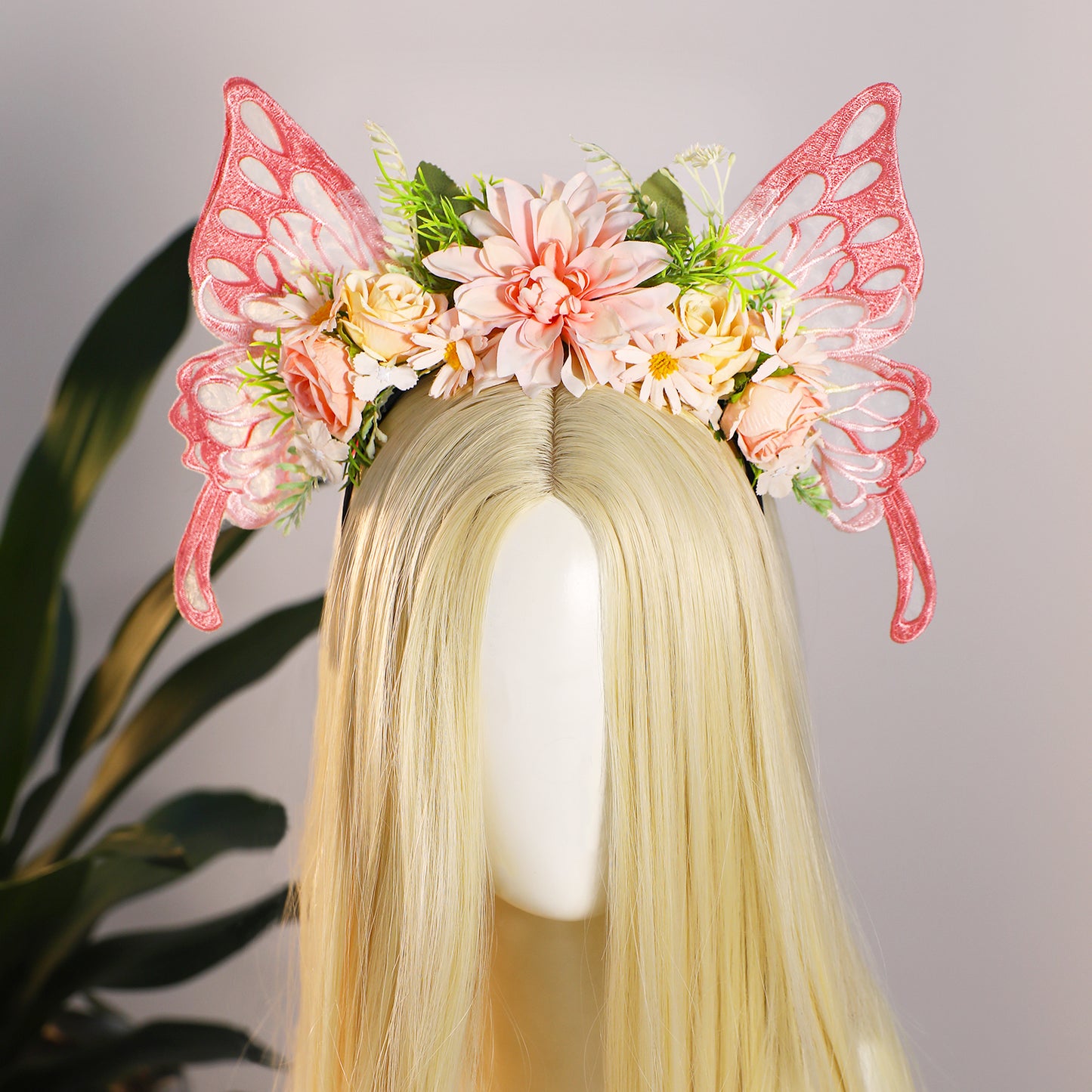 Pink Butterfly Fairy Crown - Flower Headband with Wings Woodland Floral Hairband Forest Elf Headpiece for Women