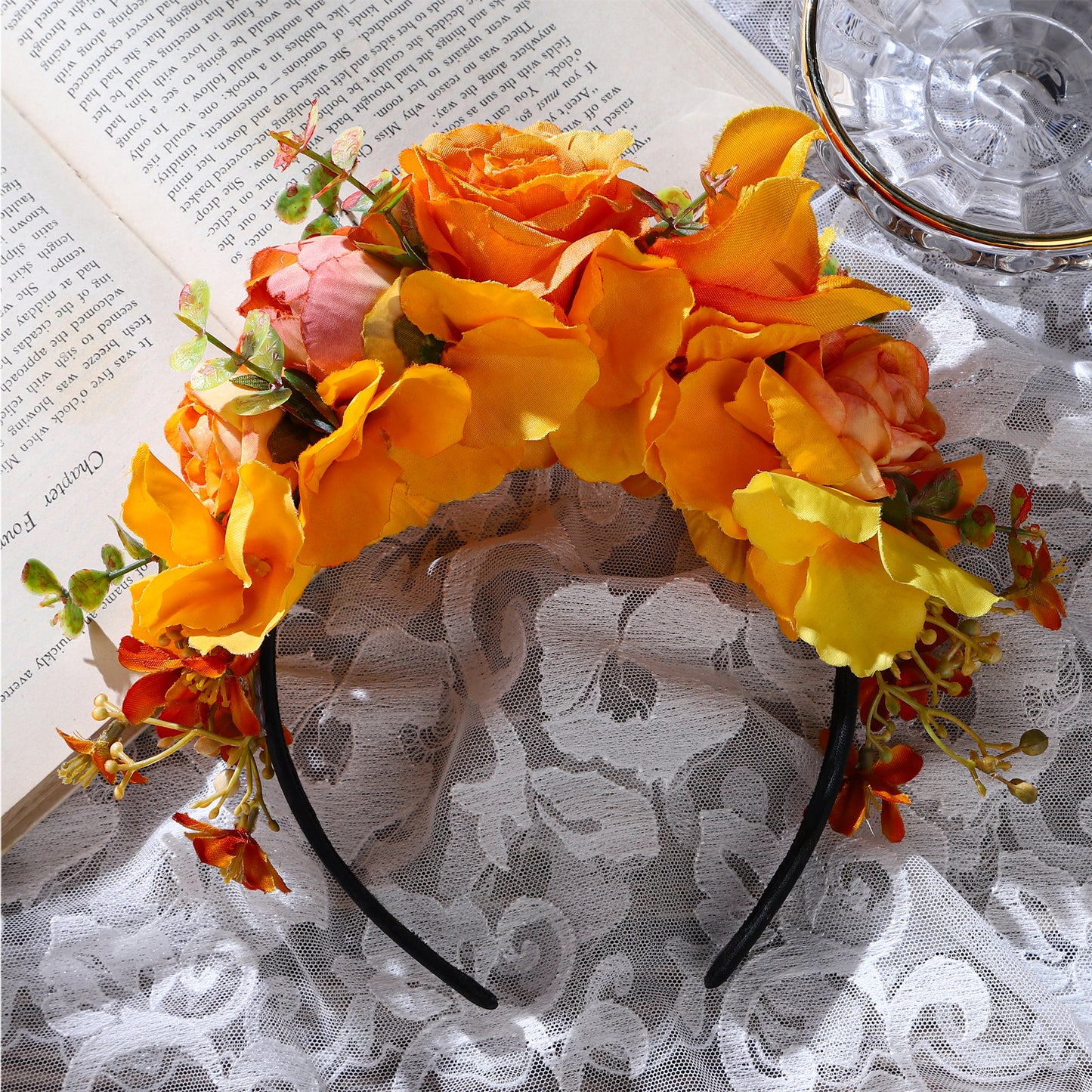 Handmade Mexican Flower Headband Orange - Floral Crwon Bohemia Headpiece