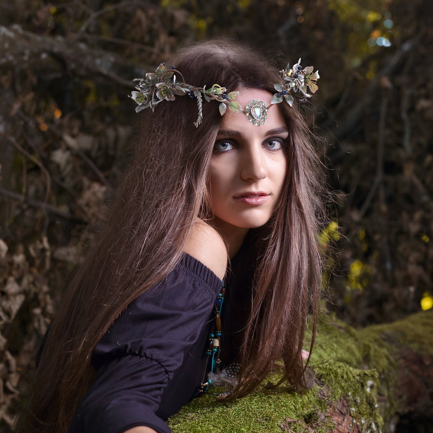 Woodland Elf Crystal Headpiece: Cypress Leaves Crown, Dark Vine Branches