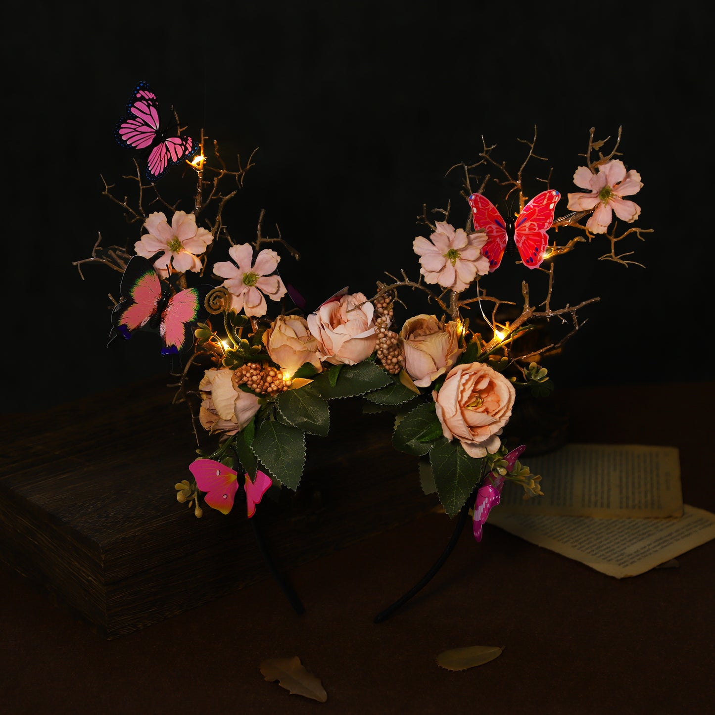 Handmade LED Butterfly Branch Headband - Yellow Woodland Hairband