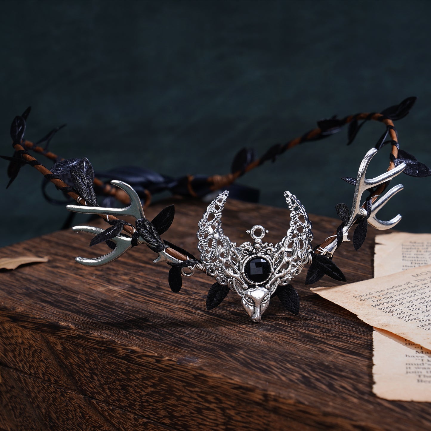 Silver Antler Headband: Dark Leaf Crown