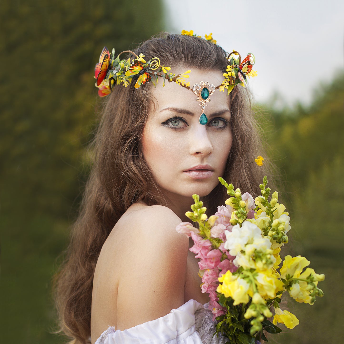Elf Headpiece with Butterflies Fairy Green Rhinestone Crown