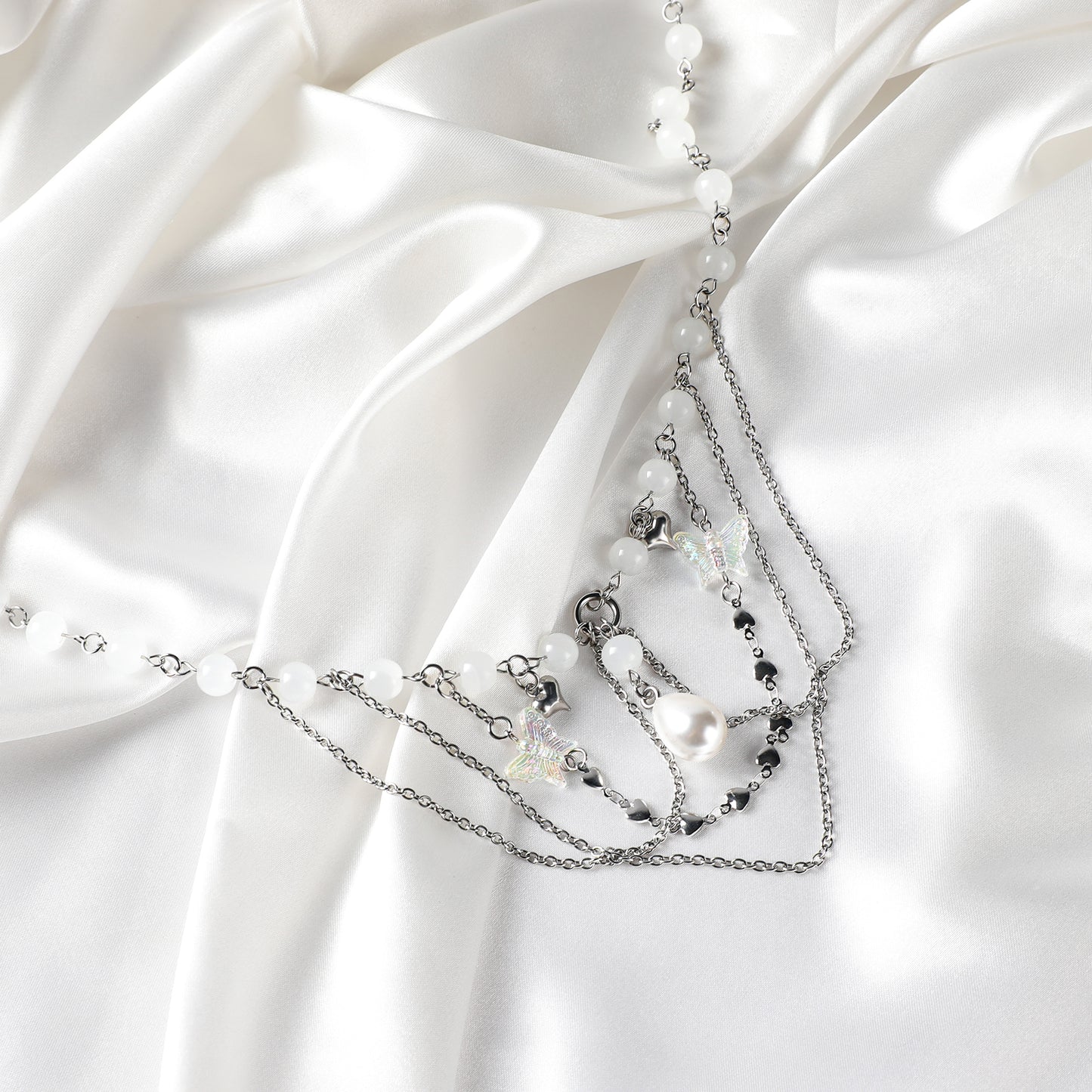 MOSTORY White Beaded Crystal Neckalce for Women Layered Charm Choker