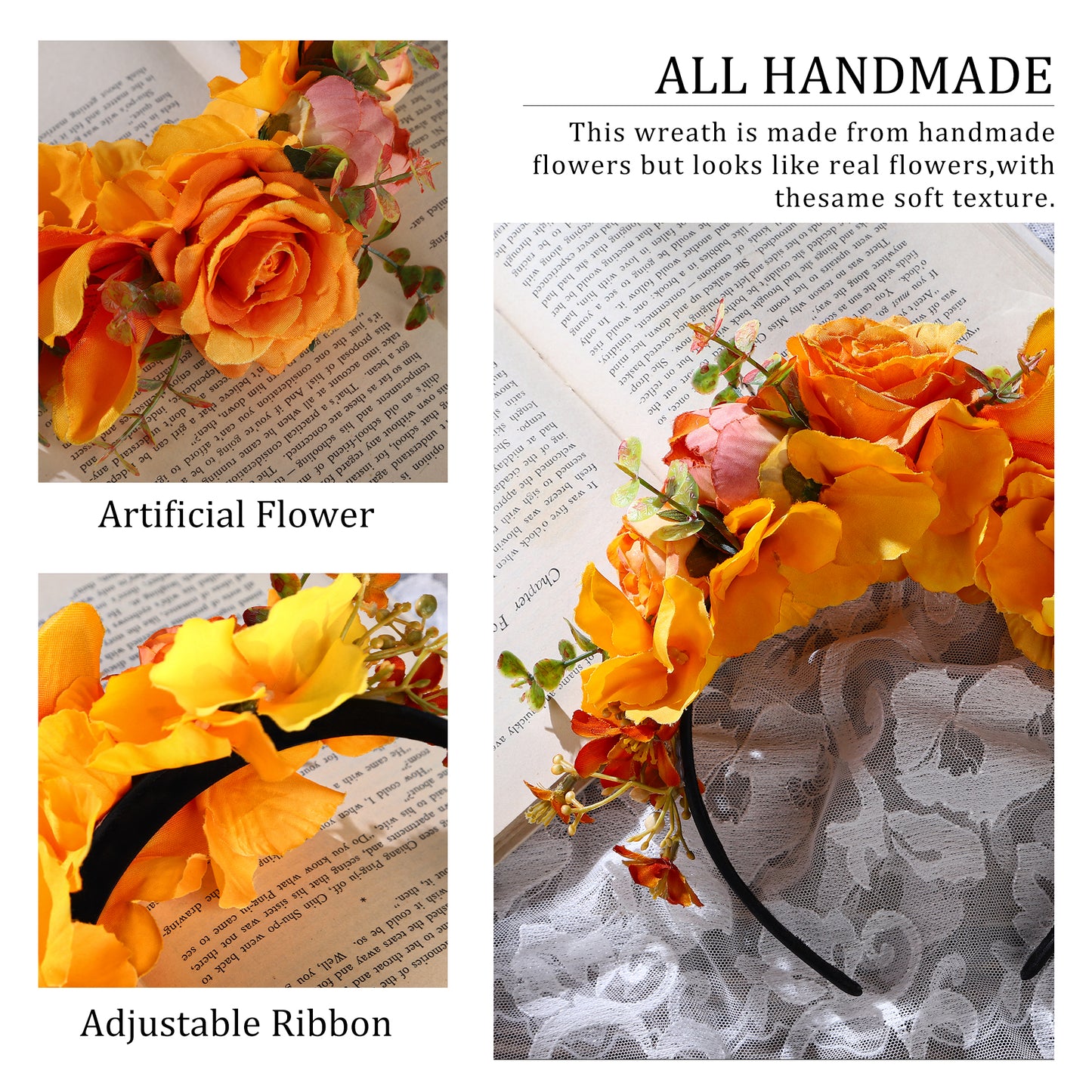 Handmade Mexican Flower Headband Orange - Floral Crwon Bohemia Headpiece