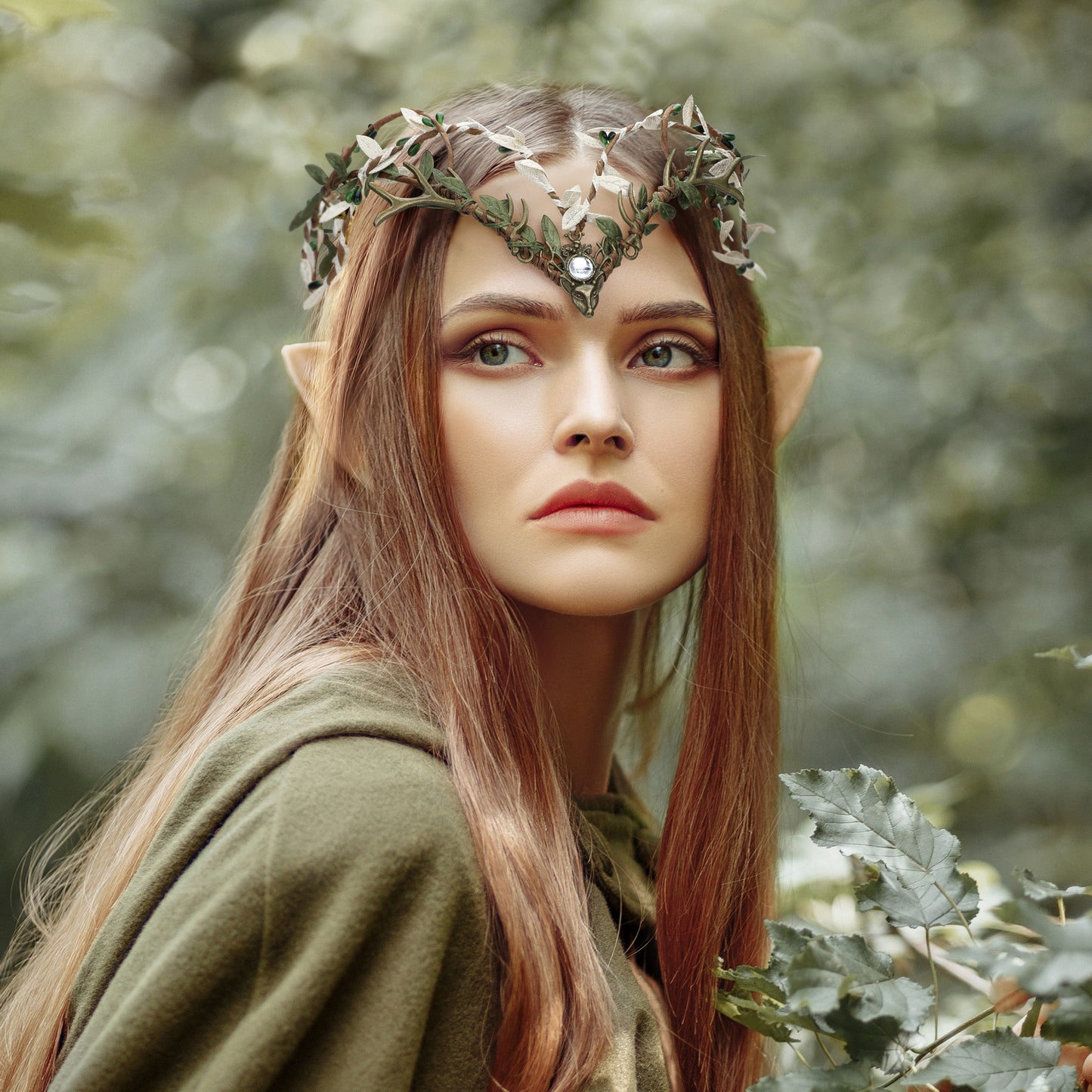 Pixie Ears and Green Leaves Circlet: Woodland Fairy Headpiece