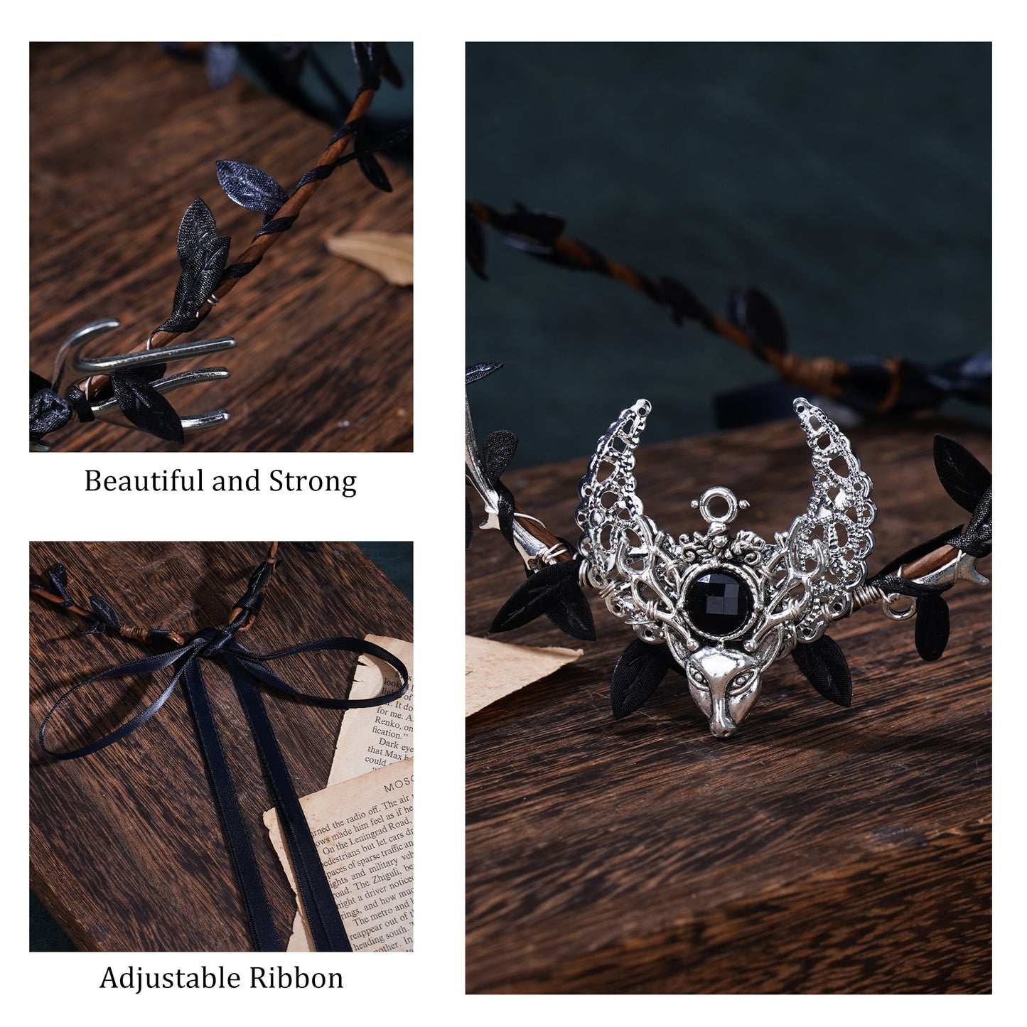 Silver Antler Headband: Dark Leaf Crown