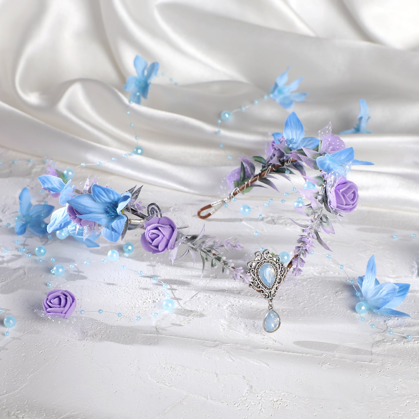 MOSTORY Blue Elf Flower Crown - Floral Headpiece Woodland Fairy Crown Headband