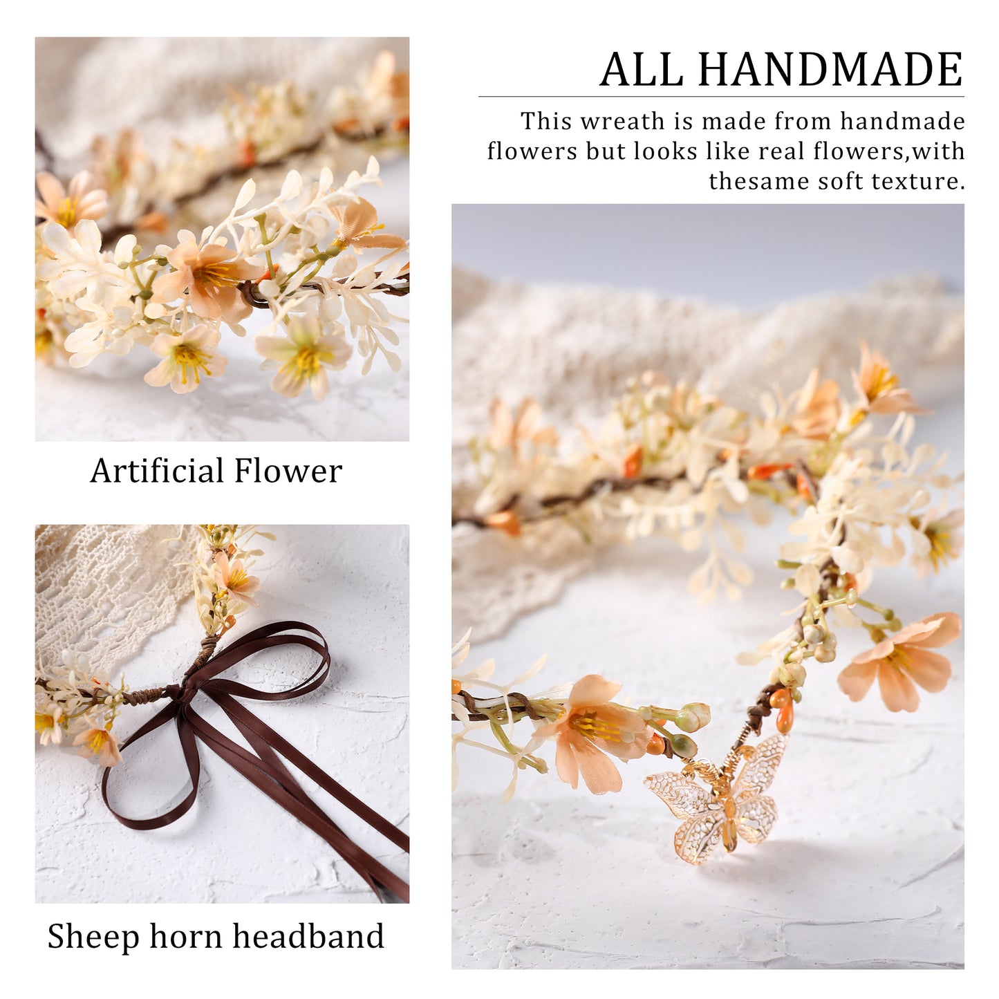 Handmade Fairy Flower Crown - Yellow Elf Headpiece with Butterfly Woodland Floral Tiara
