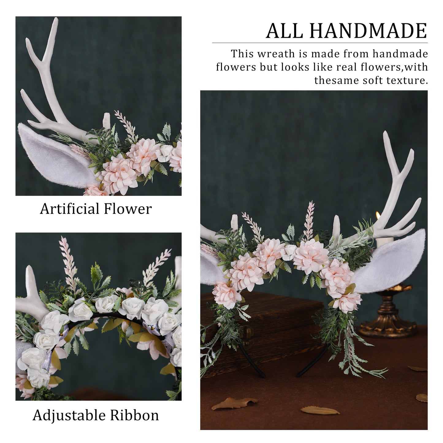 Handmade Deer Ear Flower Antler Headband - Woodland Floral Reindeer Hairband F