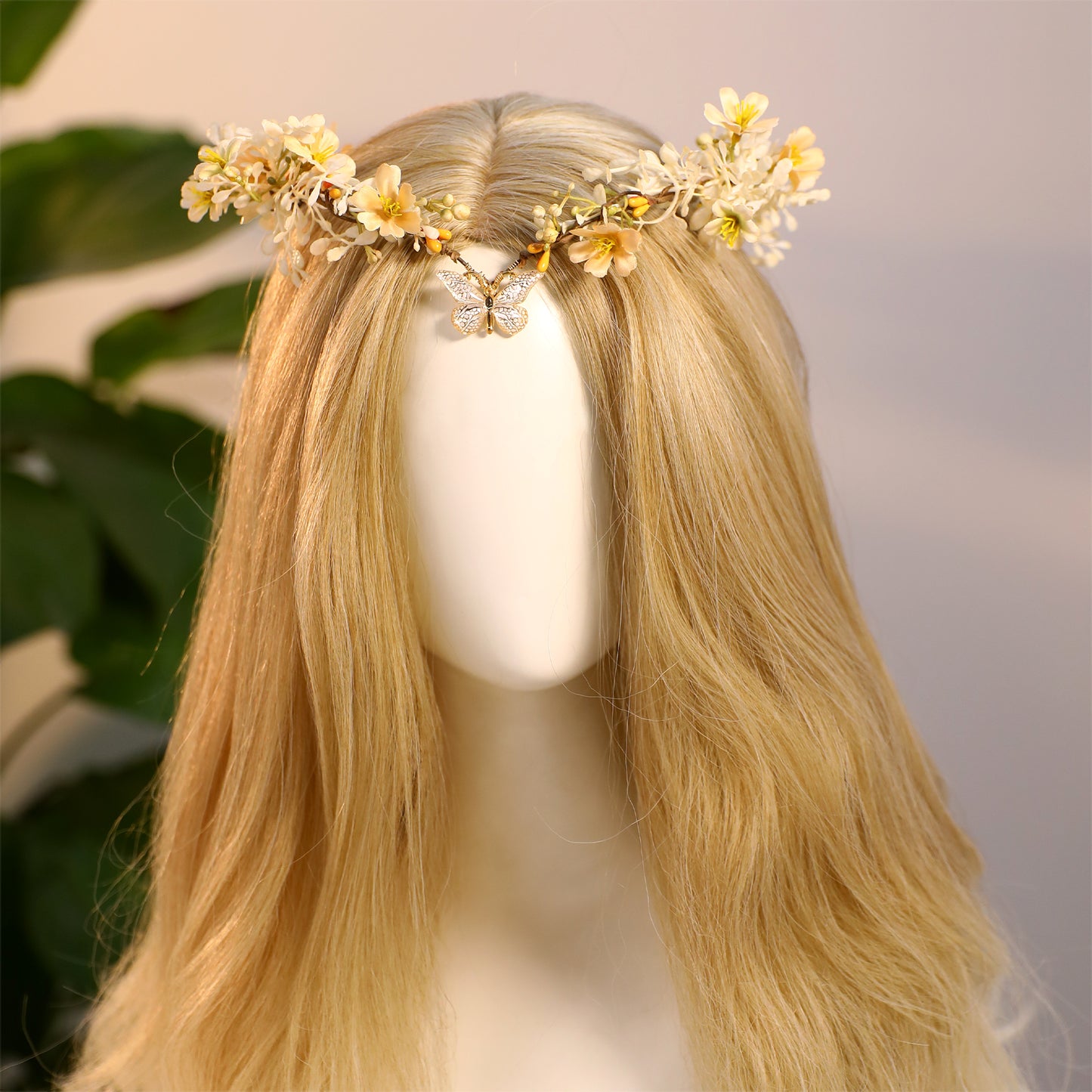 Handmade Fairy Flower Crown - Yellow Elf Headpiece with Butterfly Woodland Floral Tiara
