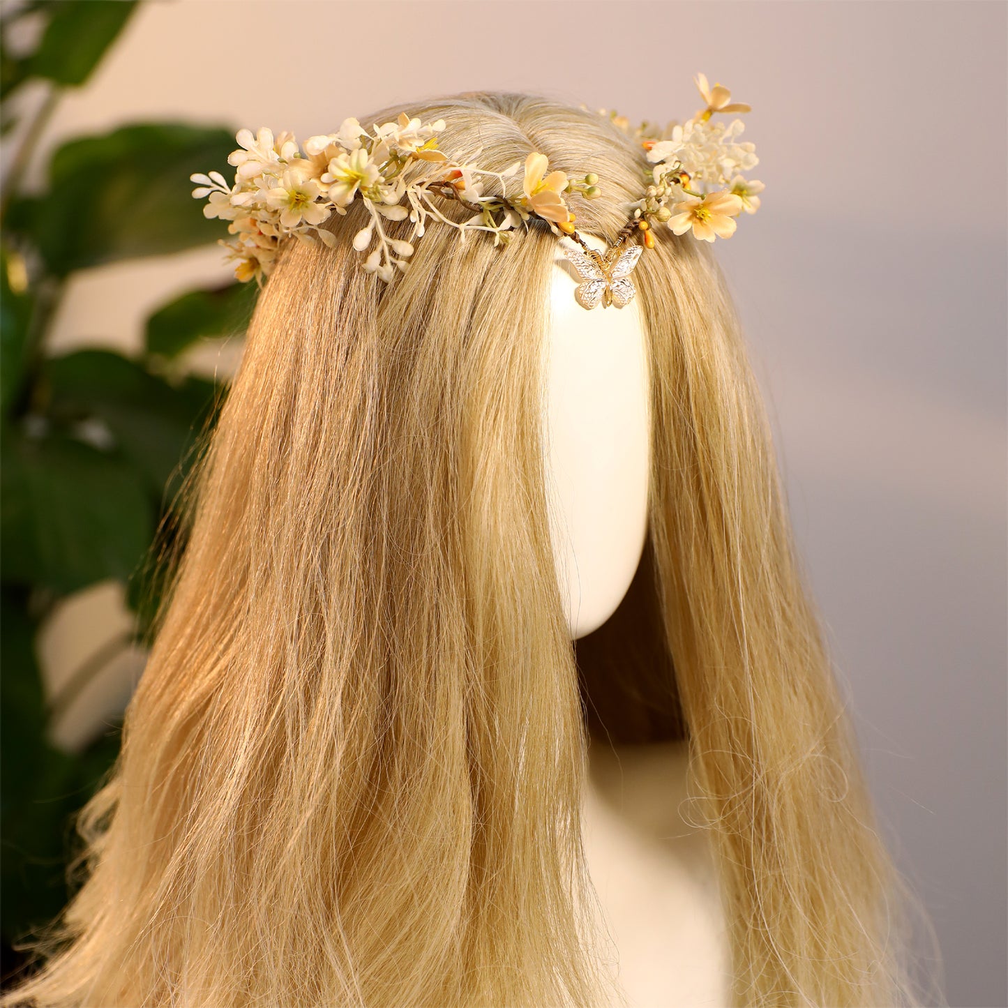 Handmade Fairy Flower Crown - Yellow Elf Headpiece with Butterfly Woodland Floral Tiara