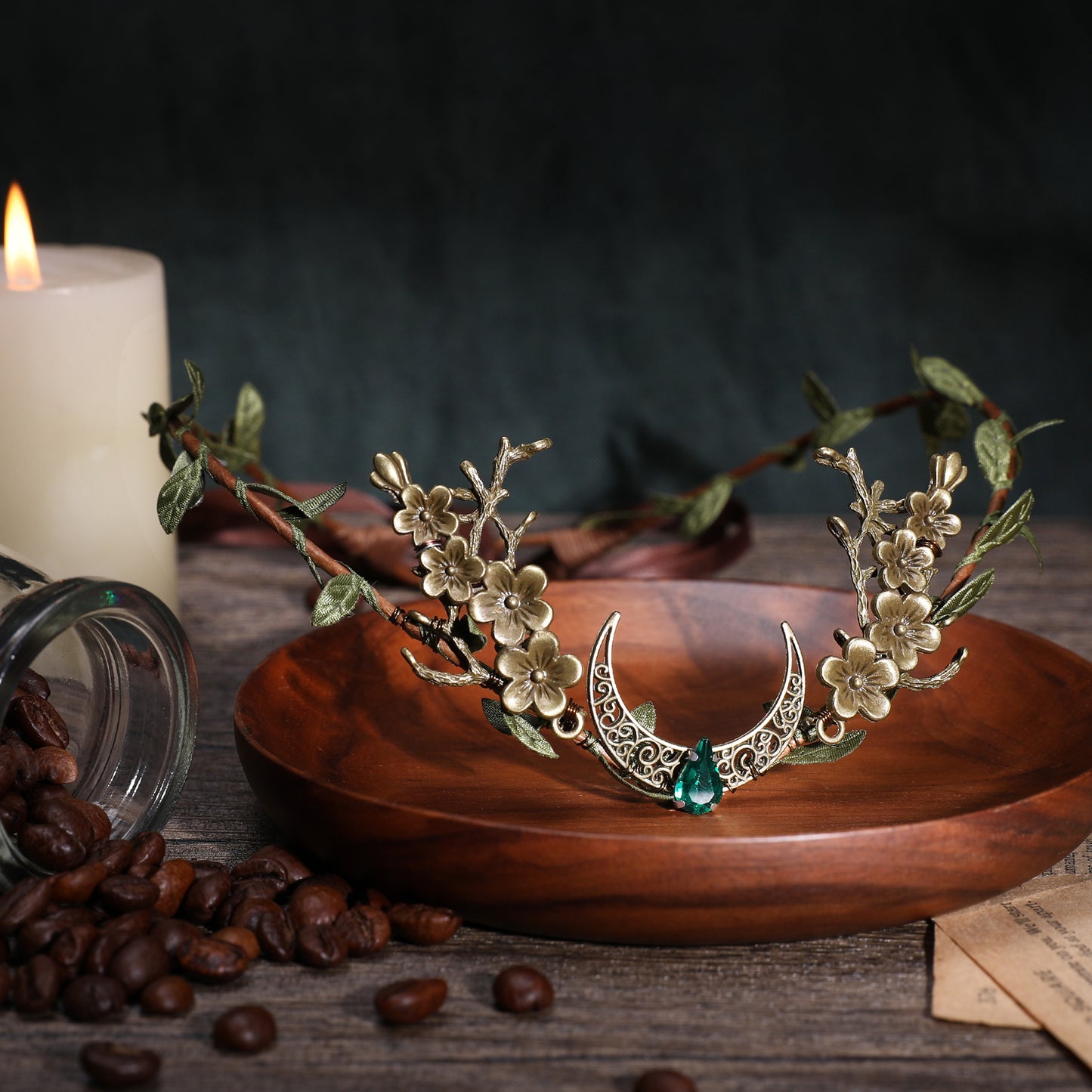 Woodland Elf Crown Headpiece: Moon Circlet Tiara, Peach Flower Fairy