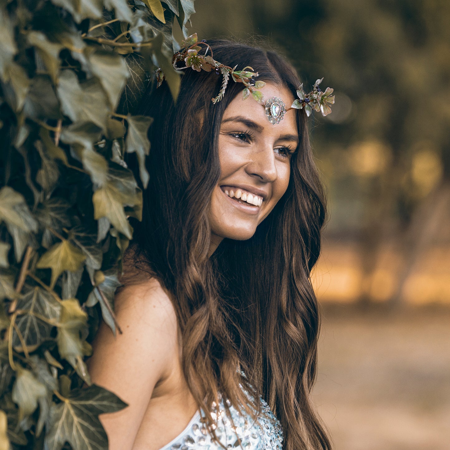 Woodland Elf Crystal Headpiece: Cypress Leaves Crown, Dark Vine Branches