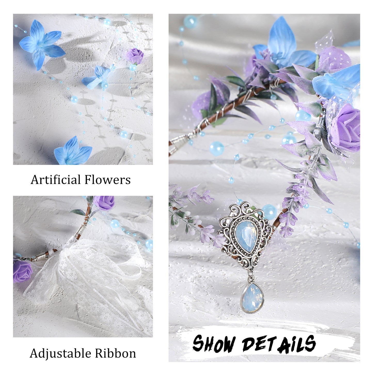 MOSTORY Blue Elf Flower Crown - Floral Headpiece Woodland Fairy Crown Headband