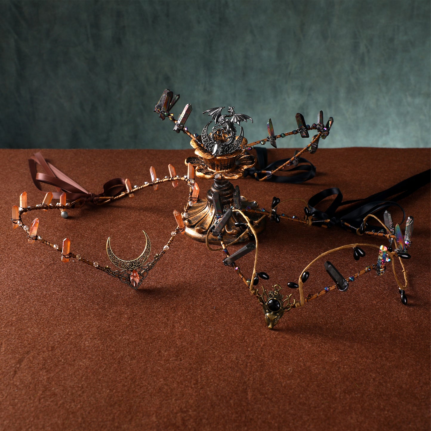 Crystal Elf Crown - Black Celtic Circlet Dark Raw Quaz Headpiece Gothic Elven Tiara